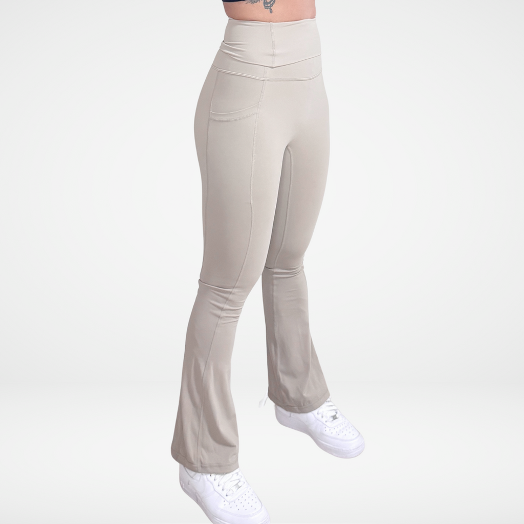 EaseMode Flared Leggings with Fold-Over High Waistband in Almond