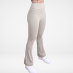 EaseMode Flared Leggings with Fold-Over High Waistband in Almond