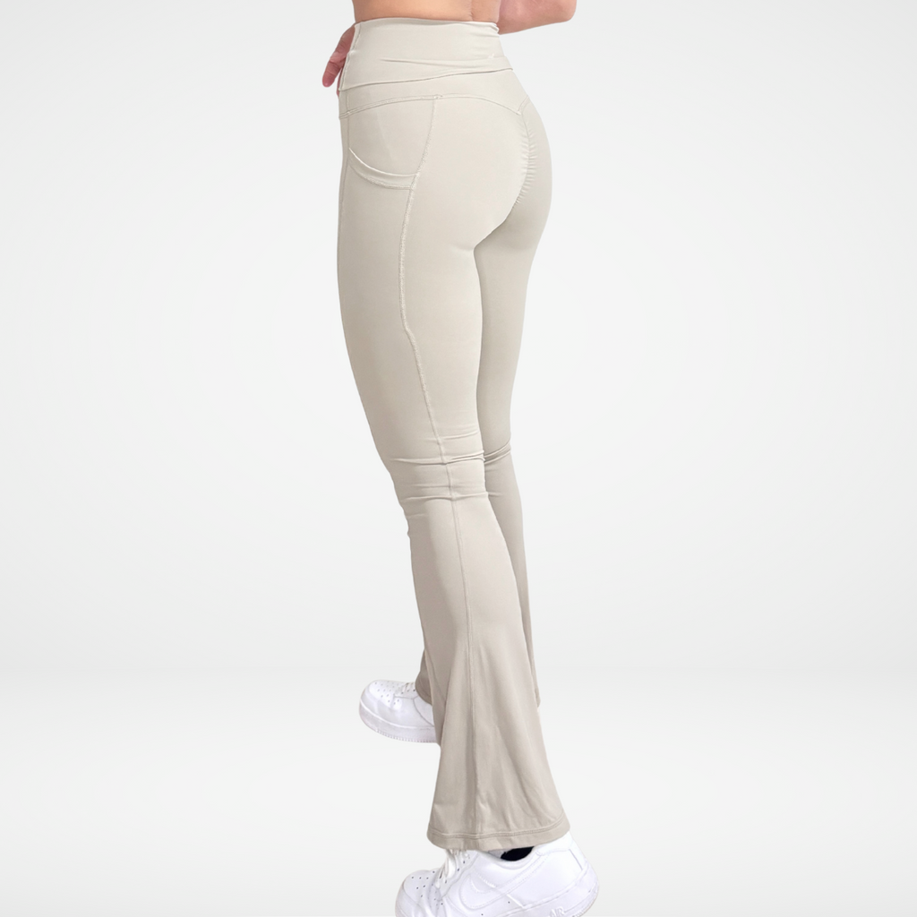 EaseMode Flared Leggings with Fold-Over High Waistband in Almond