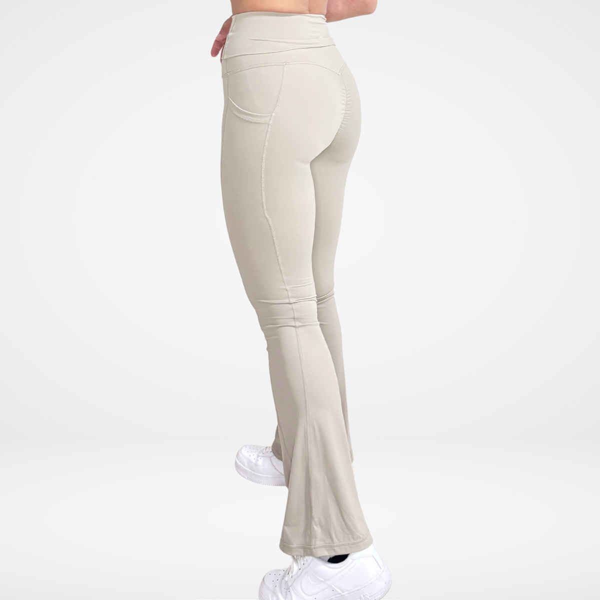 EaseMode Flared Leggings with Fold-Over High Waistband in Almond