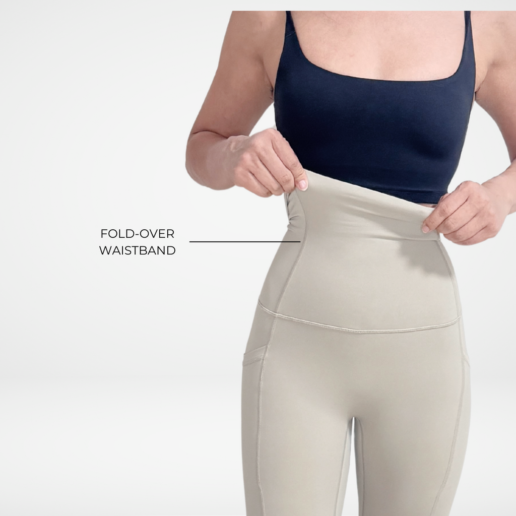 EaseMode Flared Leggings with Fold-Over High Waistband in Almond