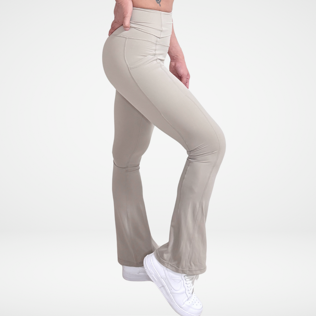 EaseMode Flared Leggings with Fold-Over High Waistband in Almond