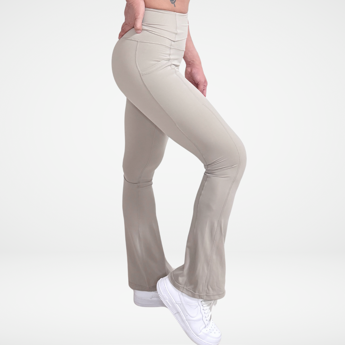 EaseMode Flared Leggings with Fold-Over High Waistband in Almond