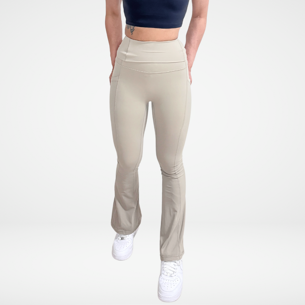 EaseMode Flared Leggings with Fold-Over High Waistband in Almond