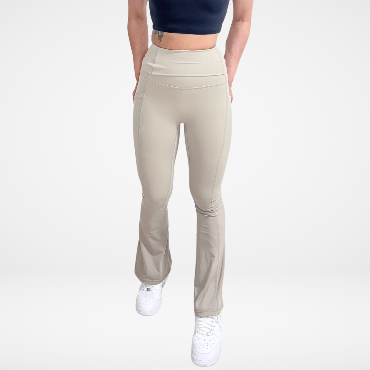 EaseMode Flared Leggings with Fold-Over High Waistband in Almond