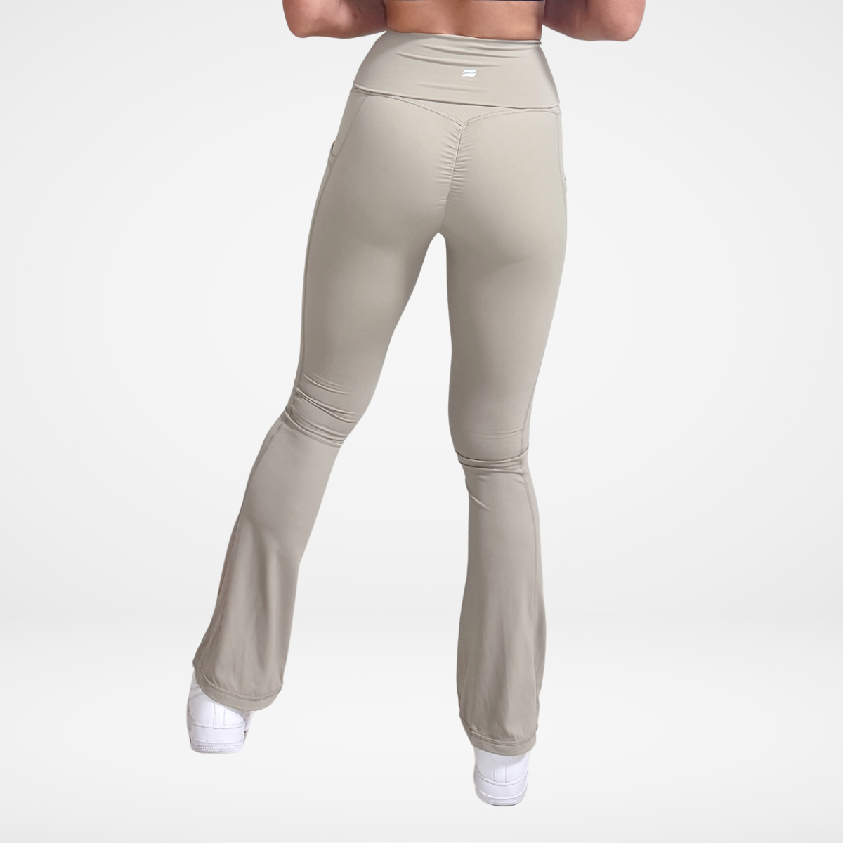 EaseMode Flared Leggings with Fold-Over High Waistband in Almond