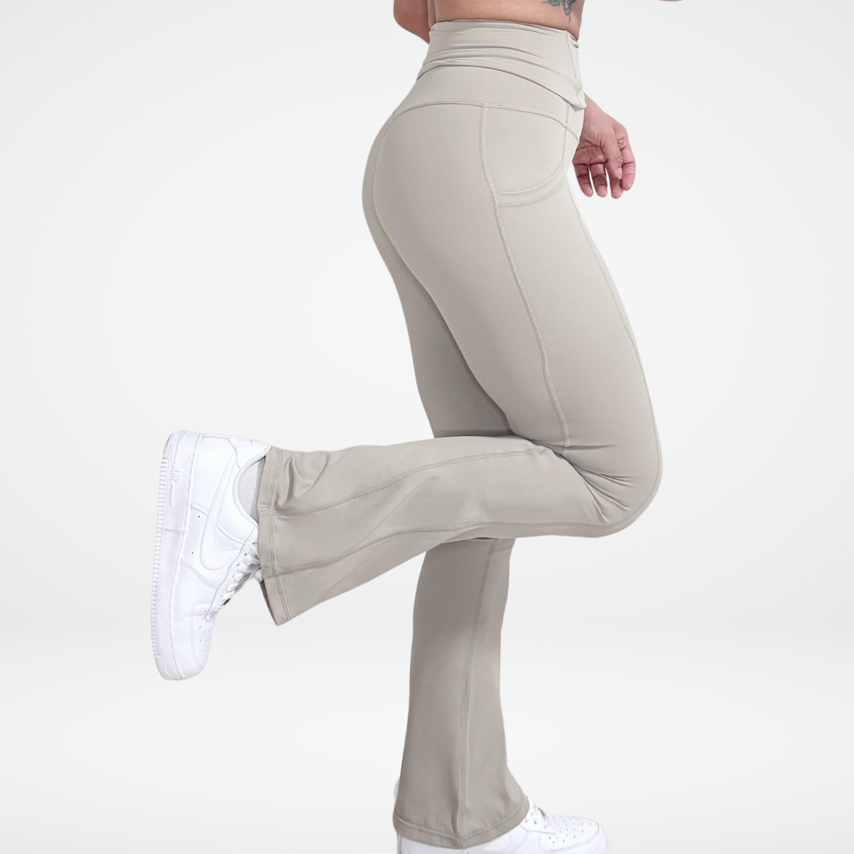 EaseMode Flared Leggings with Fold-Over High Waistband in Almond