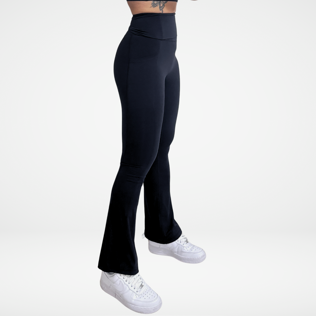 EaseMode Flared Leggings with Fold-Over High Waistband in Black