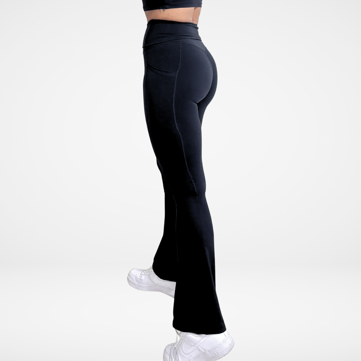 EaseMode Flared Leggings with Fold-Over High Waistband in Black