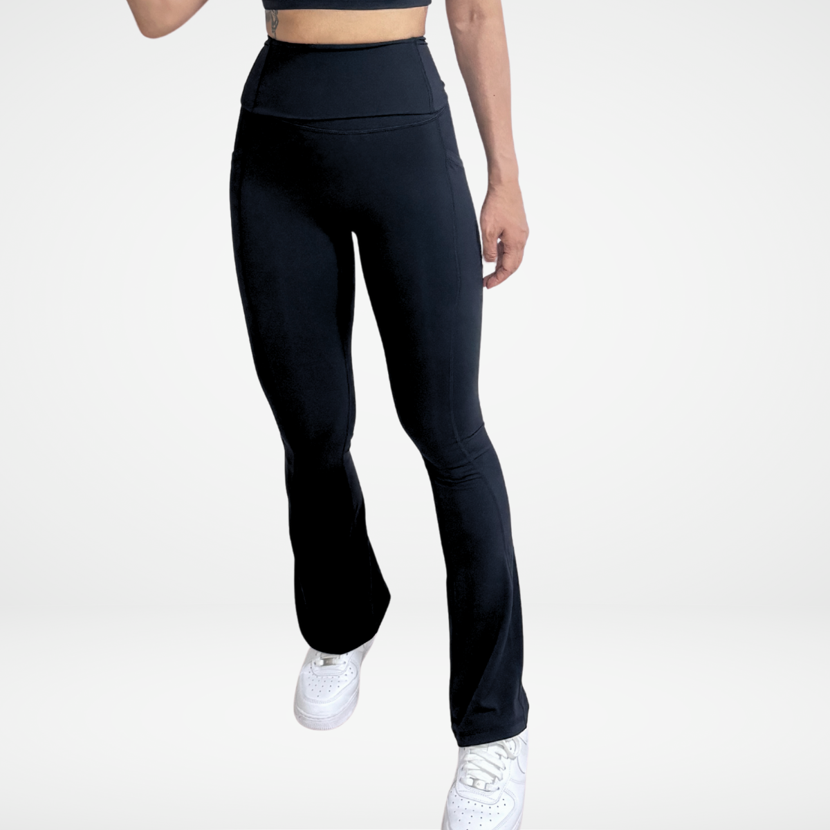 EaseMode Flared Leggings with Fold-Over High Waistband in Black