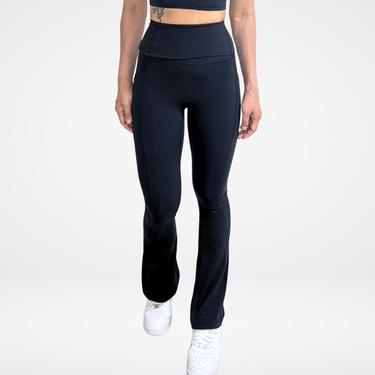 EaseMode Flared Leggings with Fold-Over High Waistband in Black