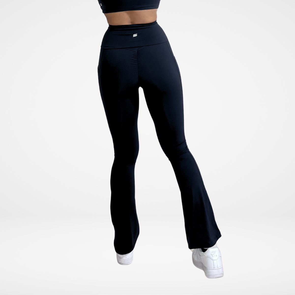 EaseMode Flared Leggings with Fold-Over High Waistband in Black