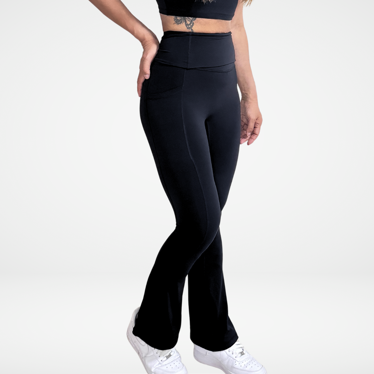 EaseMode Flared Leggings with Fold-Over High Waistband in Black