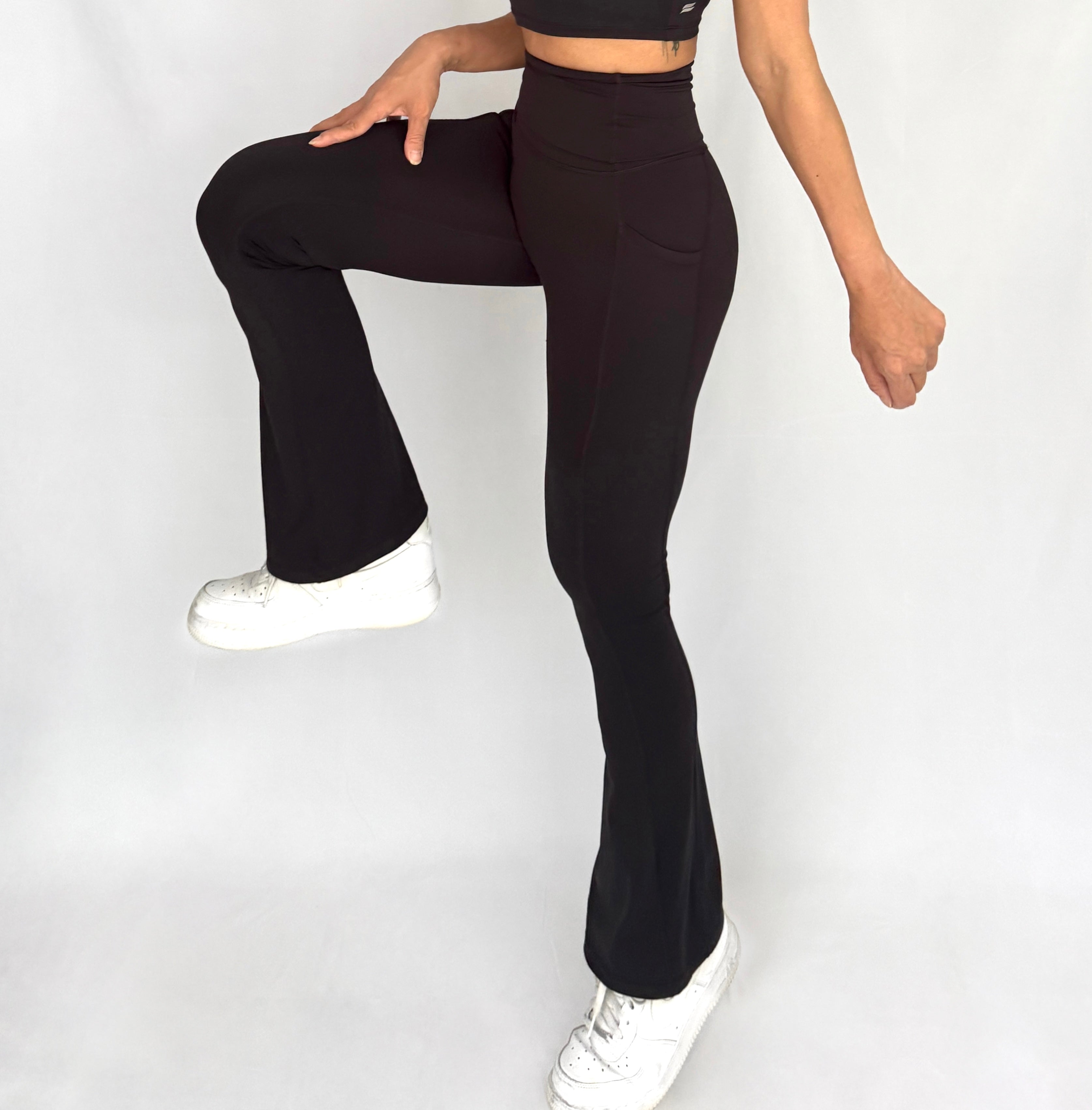 EaseMode Flared Leggings with Fold-Over High Waistband in Black