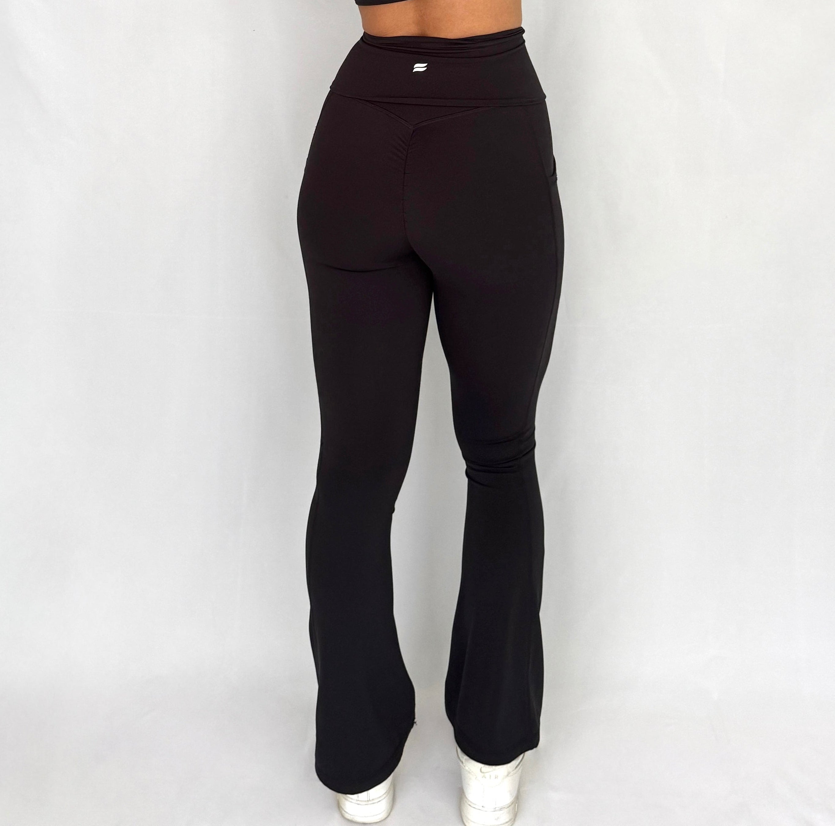 EaseMode Flared Leggings with Fold-Over High Waistband in Black