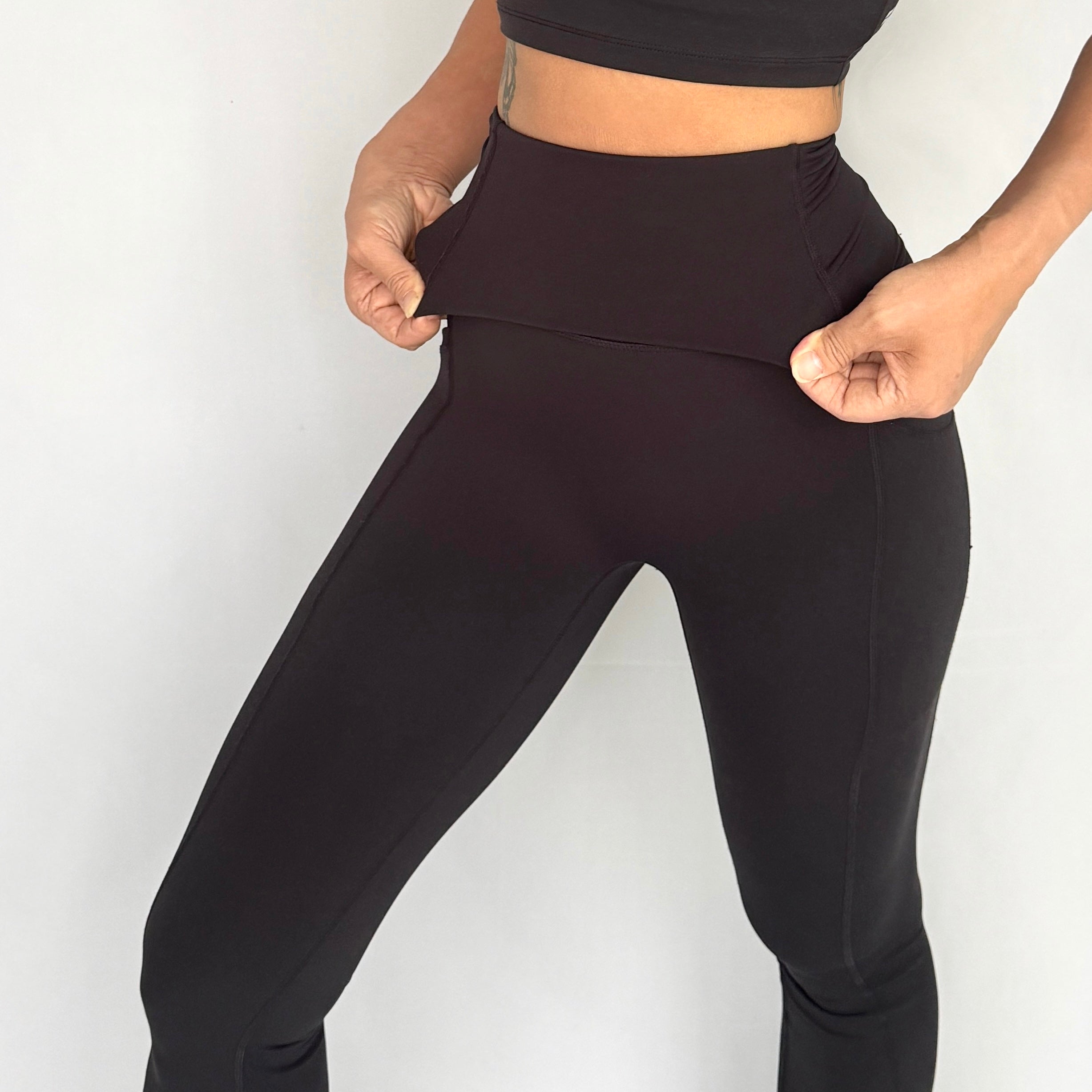 EaseMode Flared Leggings with Fold-Over High Waistband in Black